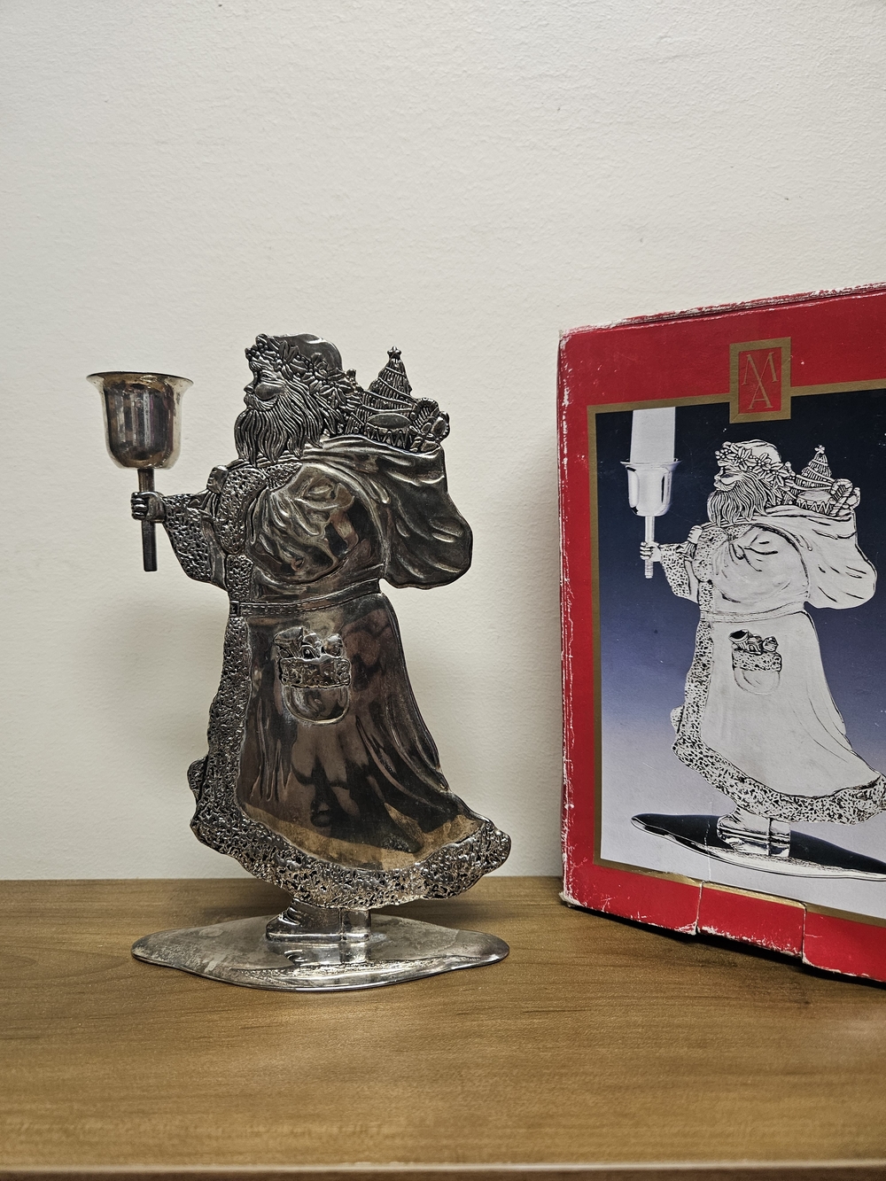 Vintage Madison Avenue Silver Plated Santa Taper Candle Stick Holder with Box